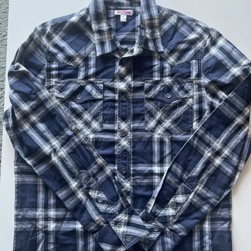 True Religion Long Sleeve Western Style Shirt - Navy‎ Blue/White - Large